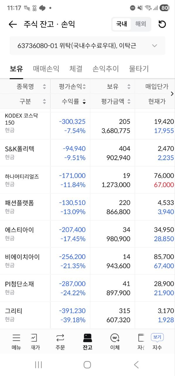 국내 주식 잔고·손익 화면